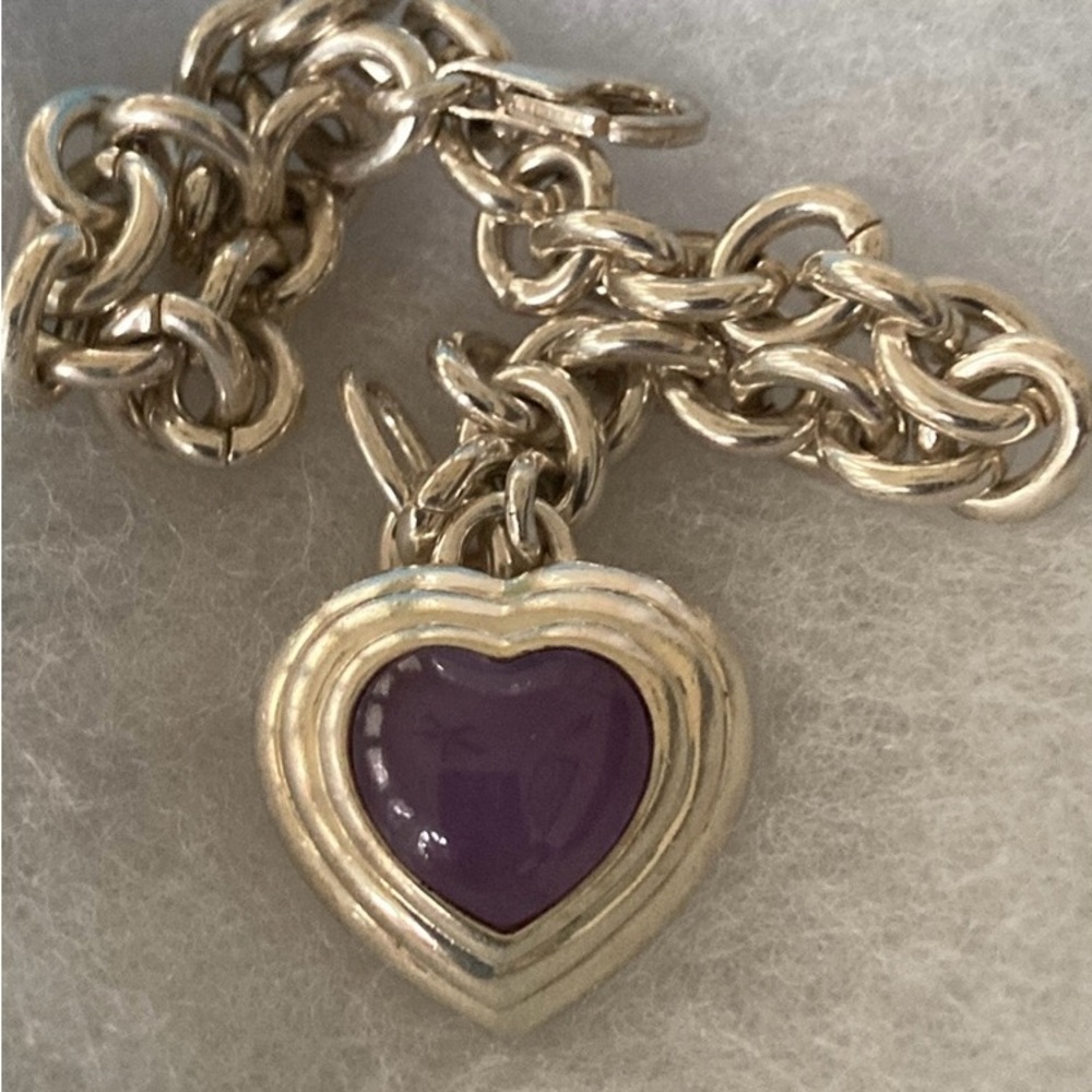 Sterling Silver CNA 925 Purple Jade Heart Charm Bracelet